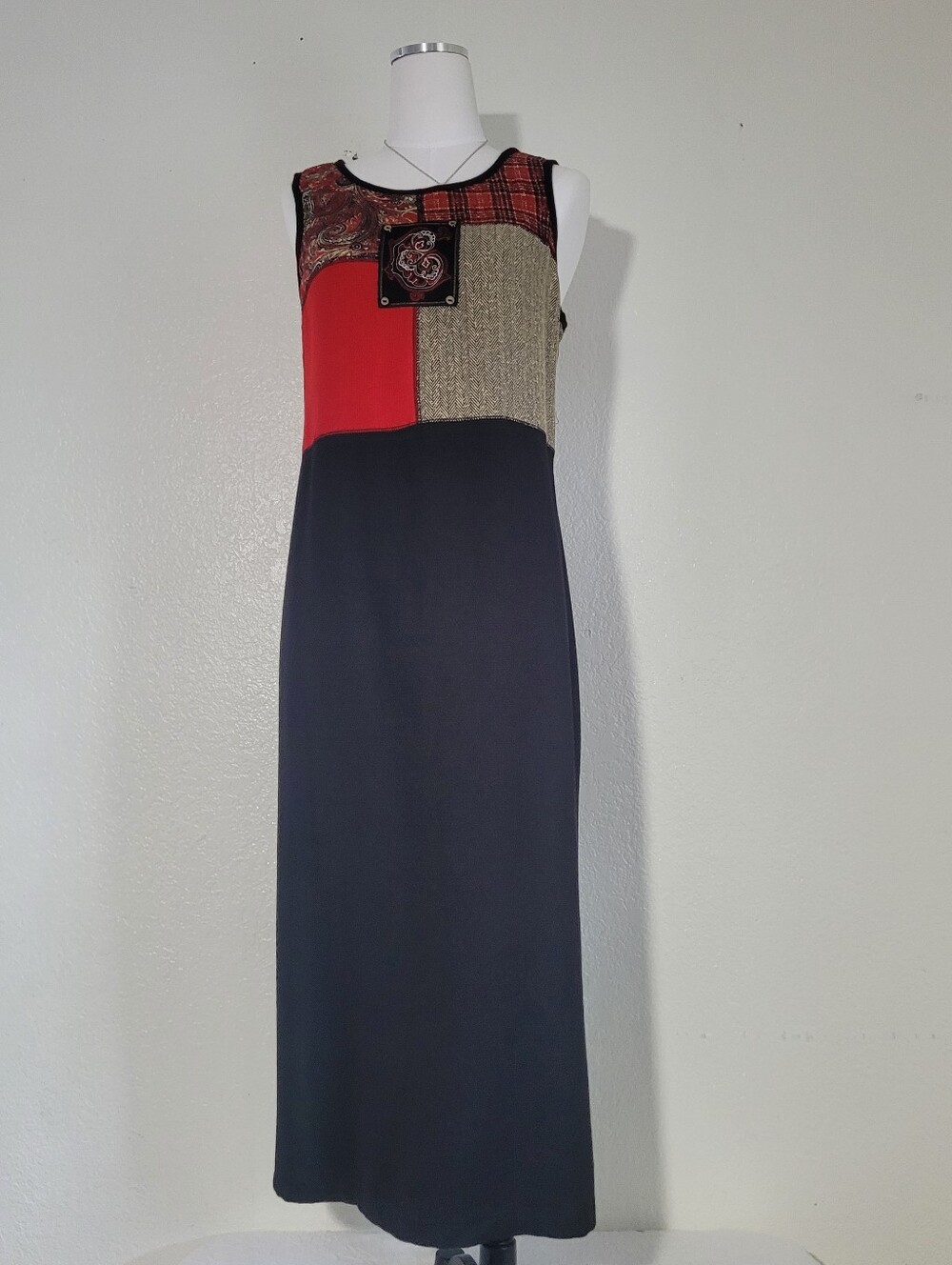 Vintage 80 Napa Valley Black Red Sleeveless Patchwork Gingham Dress Size Medium